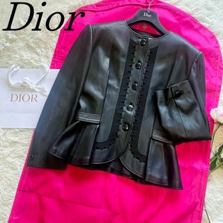 クリスチャンディオール(Christian Dior)の【美品】Christian Dior ノーカラーレザージャケット ブラック L(ライダースジャケット)