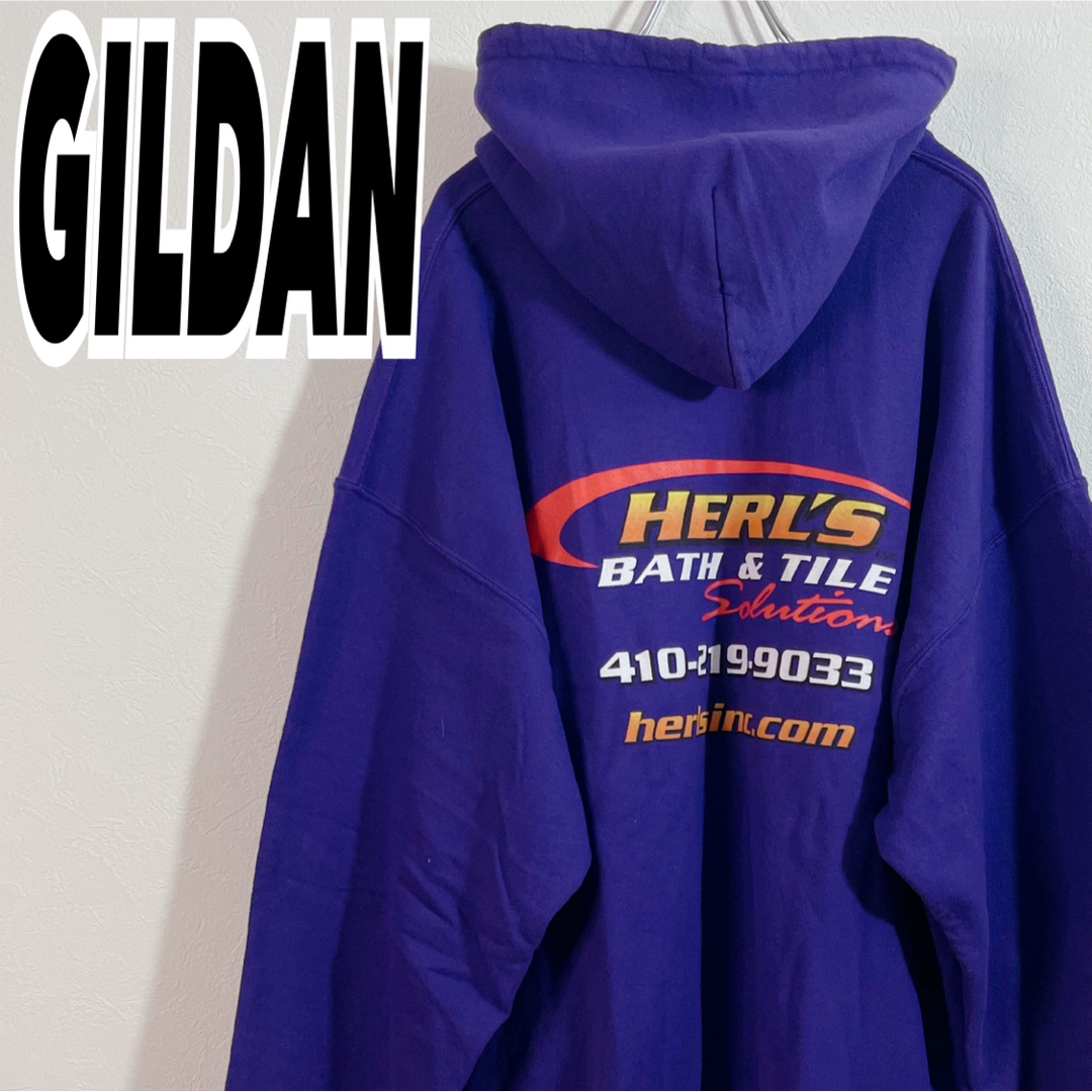 GILDAN(ギルタン)のギルダン メンズ 企業ロゴ プリント プルオーバーパーカー 紫 2XL 古着 メンズのトップス(パーカー)の商品写真