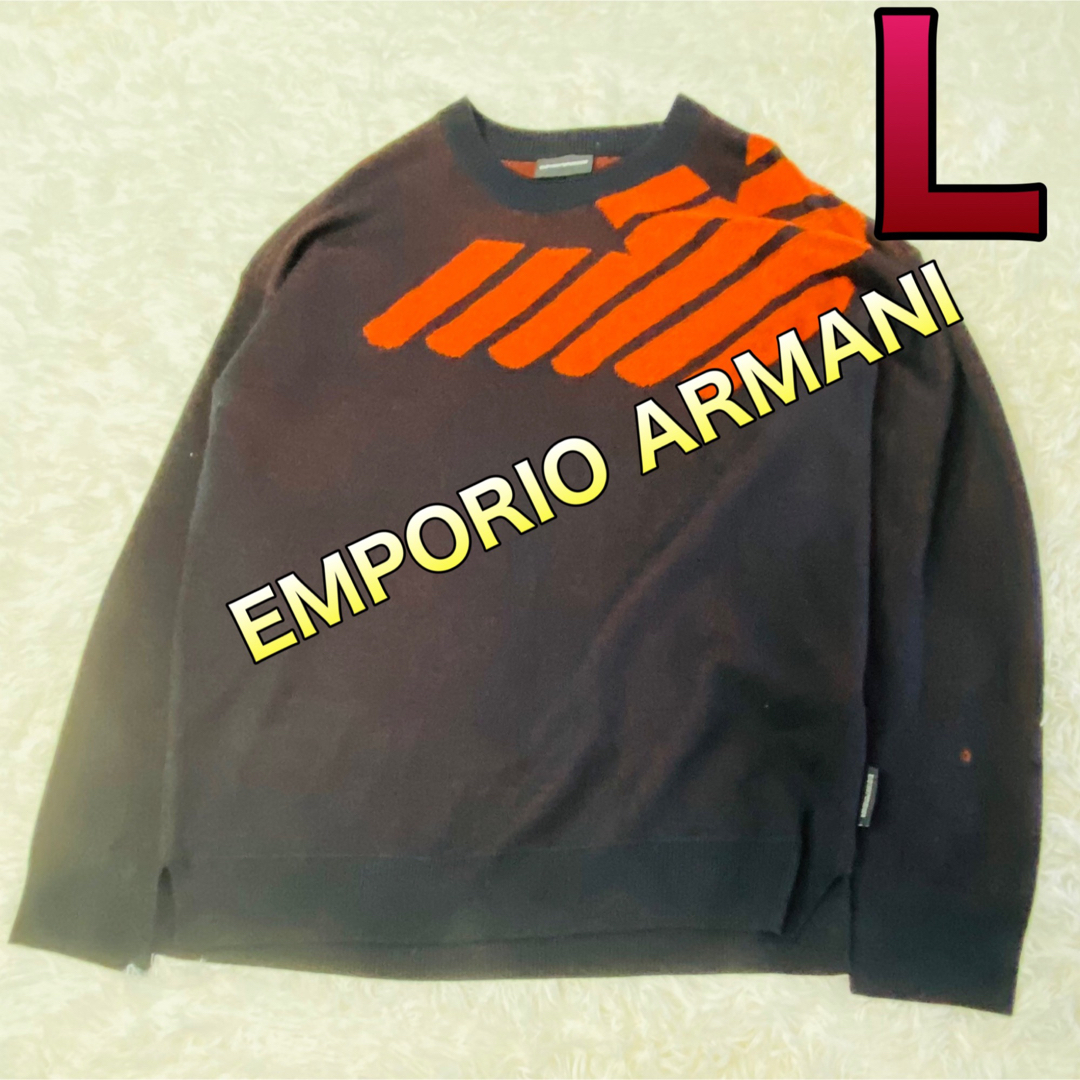 美品 エンポリオ・アルマーニ 総柄ロゴ 長袖ニットセーター メンズ ネイビー L Emporio Armani