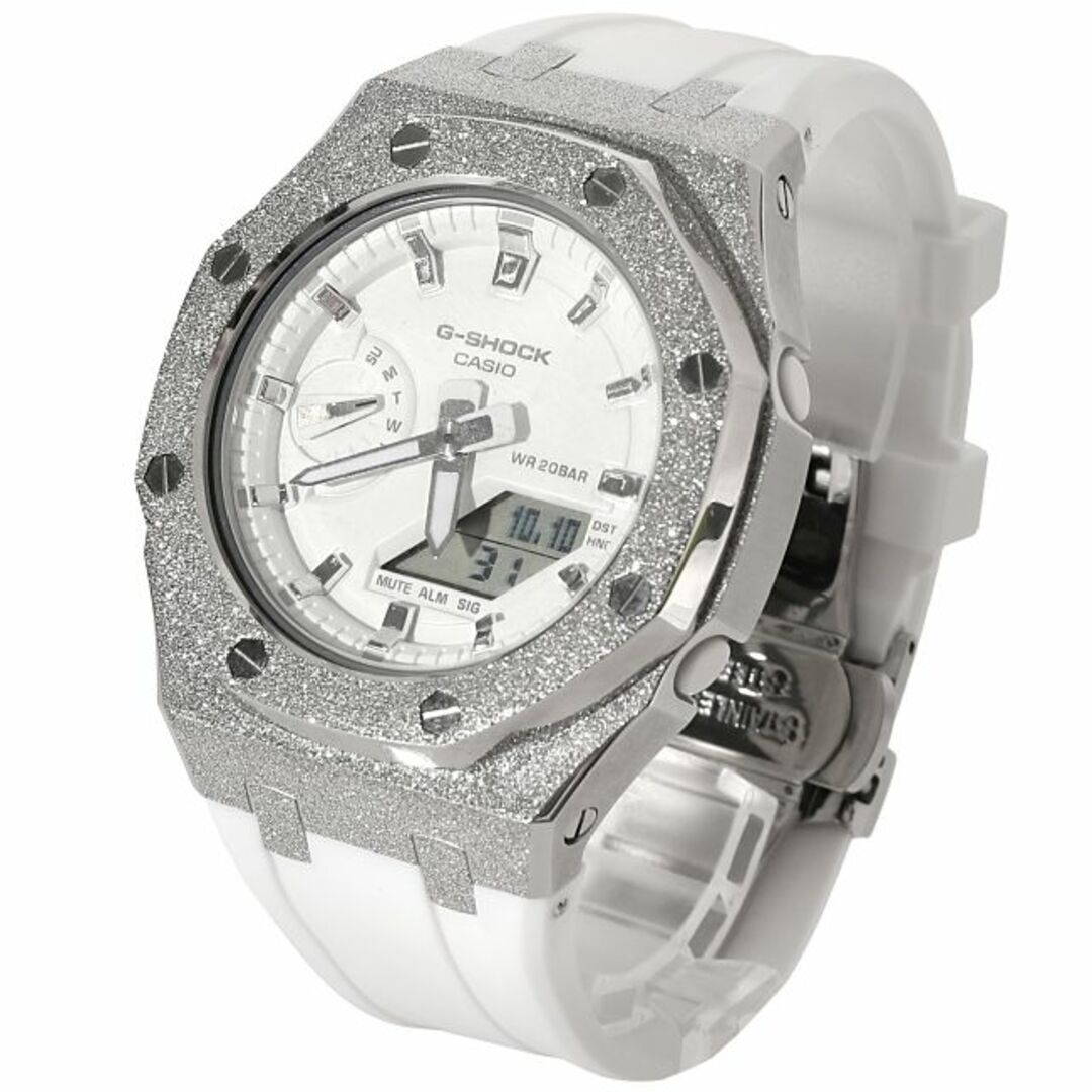 G-SHOCK(ジーショック)のG-SHOCK カシオーク GMA-S2100 ミドルサイズ フロステッドシルバー ホワイト文字盤 ラバーバンド CZダイヤ（キュービックジルコニア）シルバー ステンレス製 ホワイトベルト メンズの時計(腕時計(アナログ))の商品写真