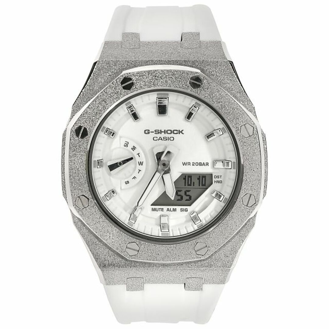 G-SHOCK(ジーショック)のG-SHOCK カシオーク GMA-S2100 ミドルサイズ フロステッドシルバー ホワイト文字盤 ラバーバンド CZダイヤ（キュービックジルコニア）シルバー ステンレス製 ホワイトベルト メンズの時計(腕時計(アナログ))の商品写真