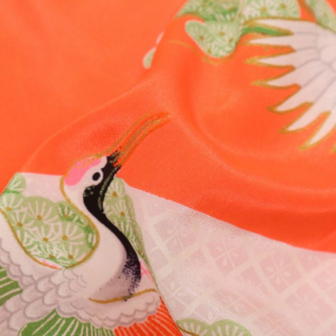 2歳～3歳 女の子　子供　着物　昭和レトロ　雲文松に鶴　白×オレンジ 8RR5