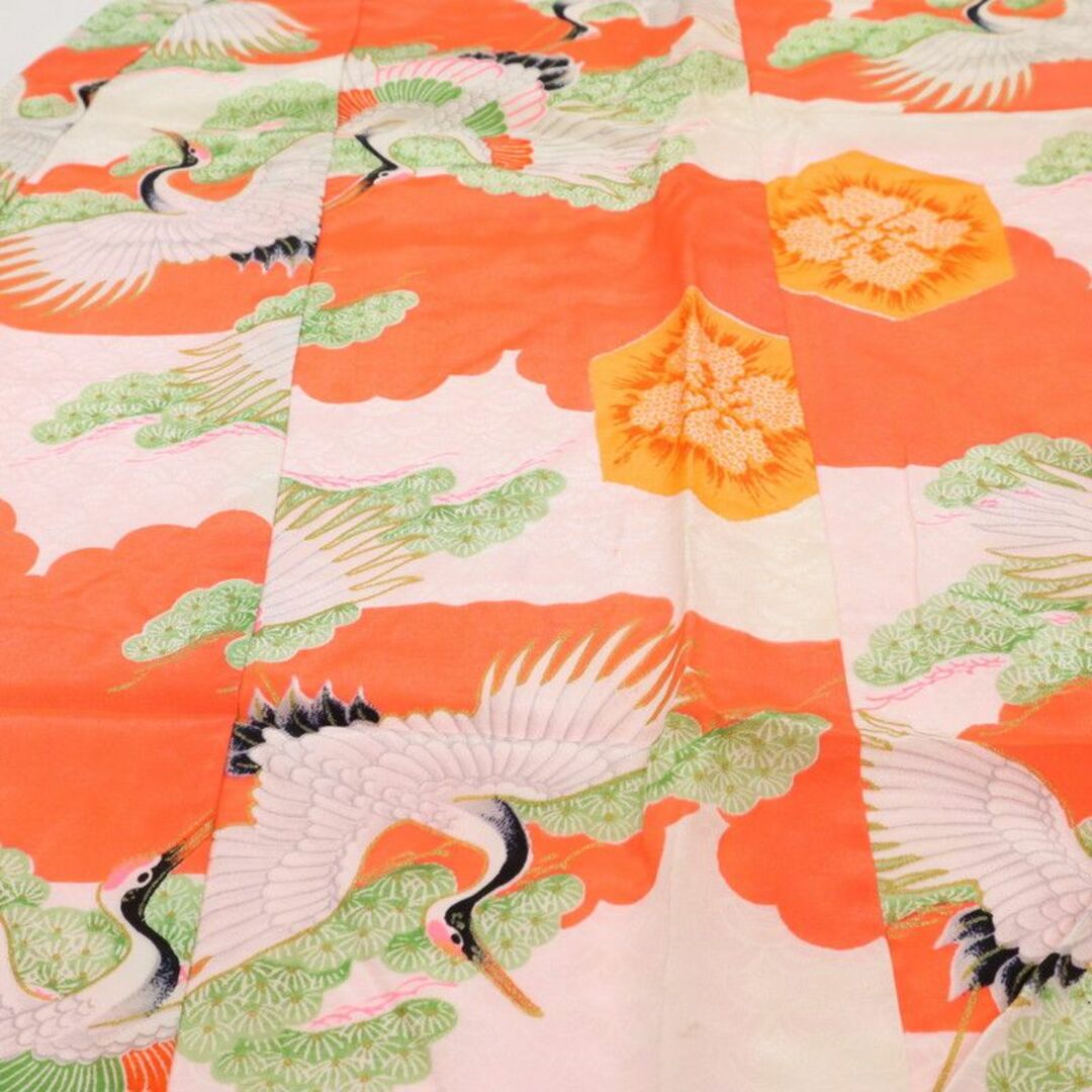 2歳～3歳 女の子　子供　着物　昭和レトロ　雲文に鶴　白オレンジ 8RR4 レディースの水着/浴衣(着物)の商品写真