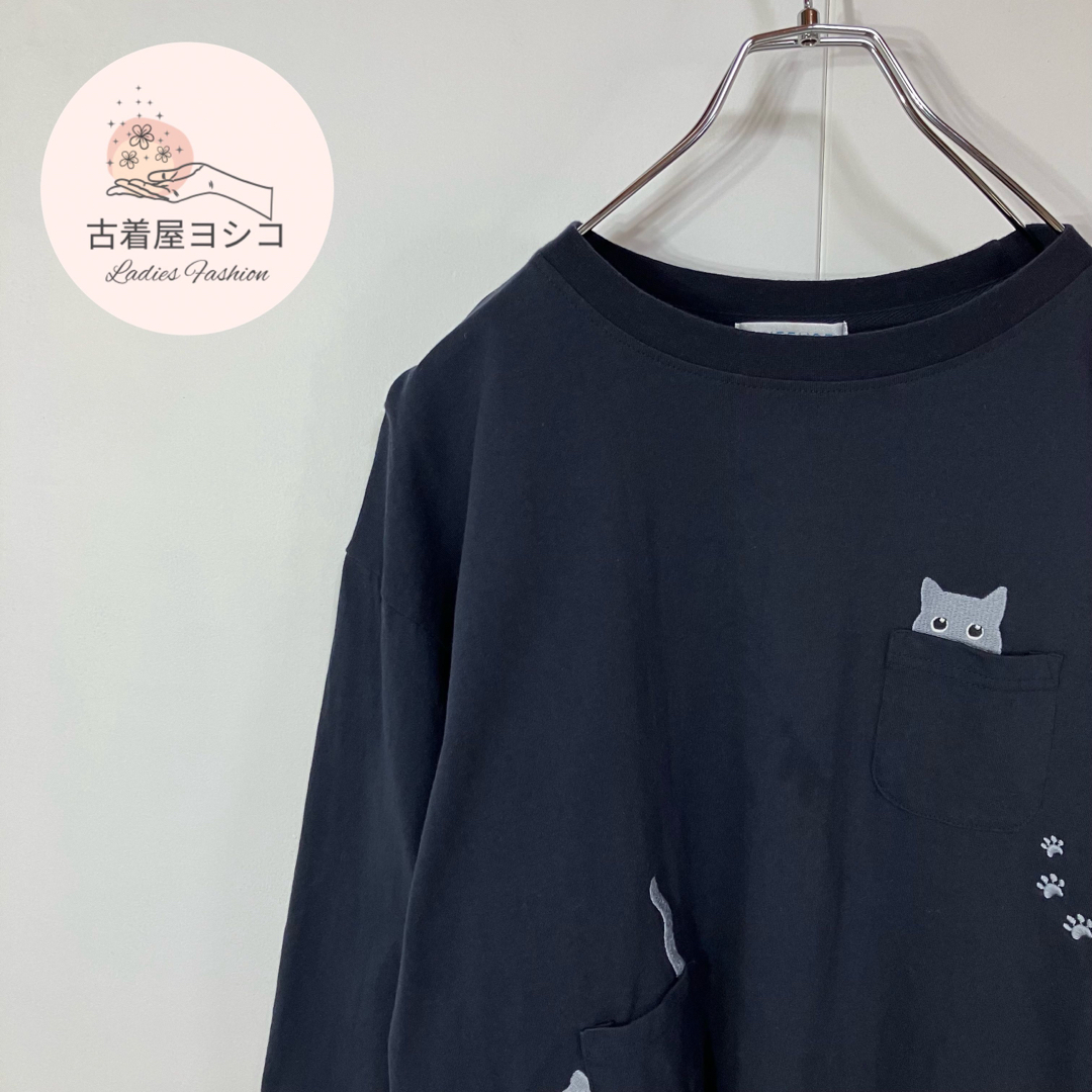 【七分袖Tシャツ　アニマル　刺繍デザイン　ポケット　クルーネック　天竺　】