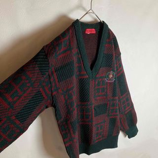 ビンテージニット ウール混 総柄 Vネック アニマル刺繍 緑 えんじ 長袖