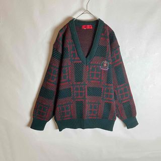 ビンテージニット ウール混 総柄 Vネック アニマル刺繍 緑 えんじ 長袖