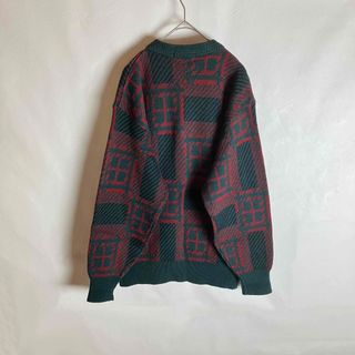 ビンテージニット ウール混 総柄 Vネック アニマル刺繍 緑 えんじ 長袖