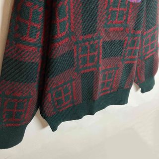ビンテージニット ウール混 総柄 Vネック アニマル刺繍 緑 えんじ 長袖