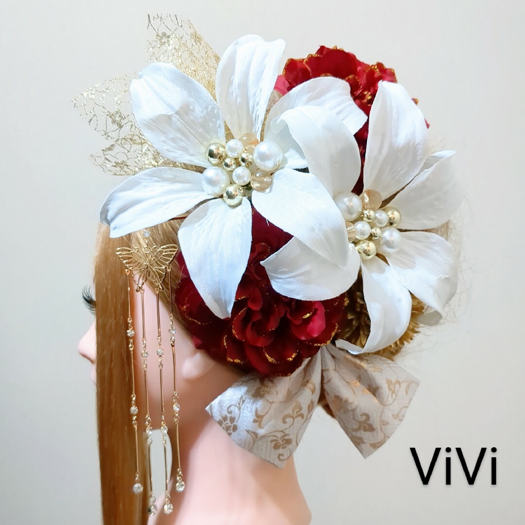 髪飾りViVi～白赤金・カサブランカ&ダリア～成人式 結婚式 花魁 振袖 髪飾り
