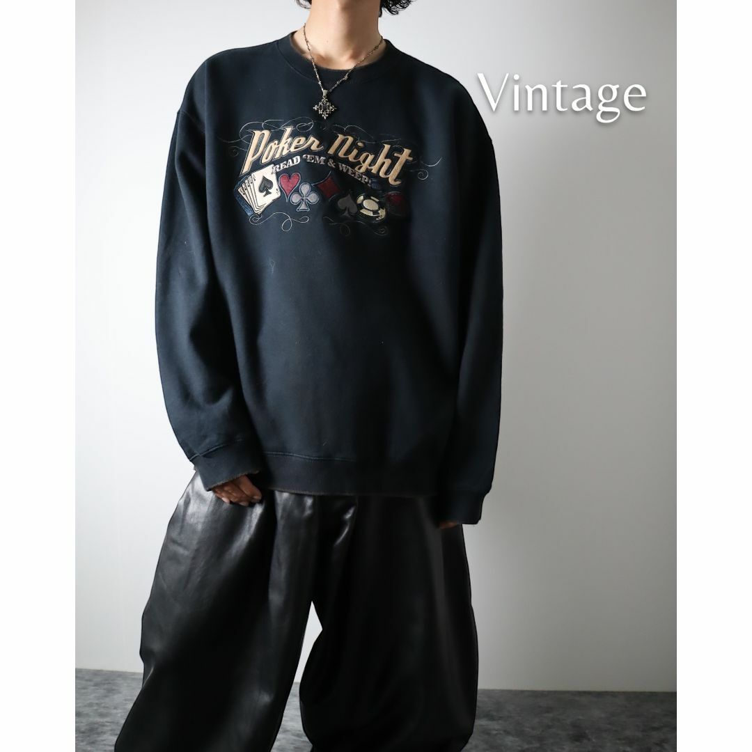 【vintage】トランプ 刺繍 レトロ デザイン ルーズ スウェット 黒 XL