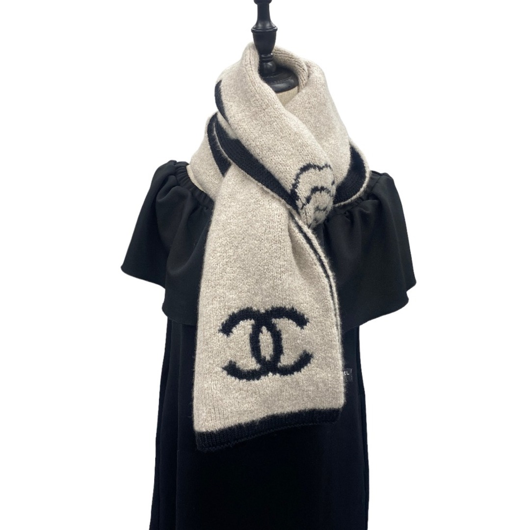 [USED/]CHANEL シャネル マフラー・ショール ココマーク ロゴ カメリア ベージュ×ブラック カシミヤ ウール シルク  tdc-001759-4d