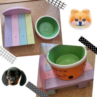 木製 フードテーブル&陶器製 フードボウル2点セット■小型犬用■食事台・食器(犬)