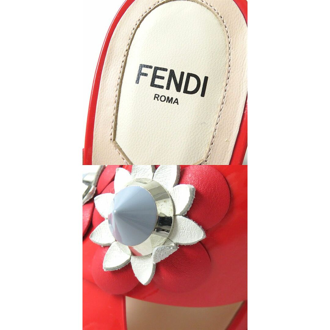 未使用品◇FENDI フェンディ フラワーモチーフ×スタッズ付 クロスストラップ パテントレザー ミュール サンダル レッド 赤 レディース 36 9