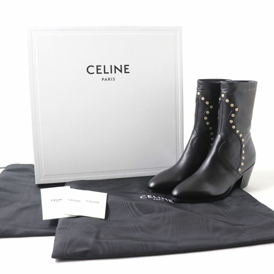 未使用品◇本革 CELINE セリーヌ ハンマースタッズ付 ウエスタンブーツ風 サイドZIP ミディアム丈 レザーブーツ ブラック 黒 レディース 35