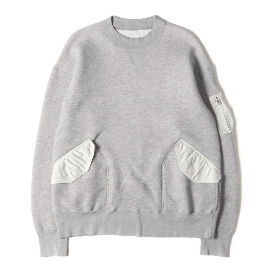 Sacai サカイ スウェット サイズ:2 異素材 切替 コットン ナイロン Sponge Sweat 21-02639M トレーナー プルオーバー MA-1 ハイブリッド 21AW グレー トップス カットソー シンプル 無地 カジュアル ブランド 日本製【メンズ】【K3880】