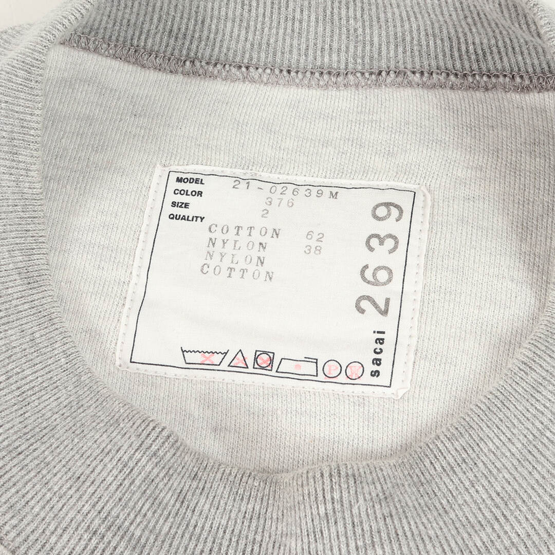 Sacai サカイ スウェット サイズ:2 異素材 切替 コットン ナイロン Sponge Sweat 21-02639M トレーナー プルオーバー MA-1 ハイブリッド 21AW グレー トップス カットソー シンプル 無地 カジュアル ブランド 日本製【メンズ】【K3880】 2