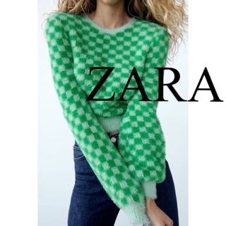 ザラ(ZARA)の美品　ZARA ザラ　ニット　トップス　フェザー　緑　ブロックチェック　人気　緑(ニット/セーター)