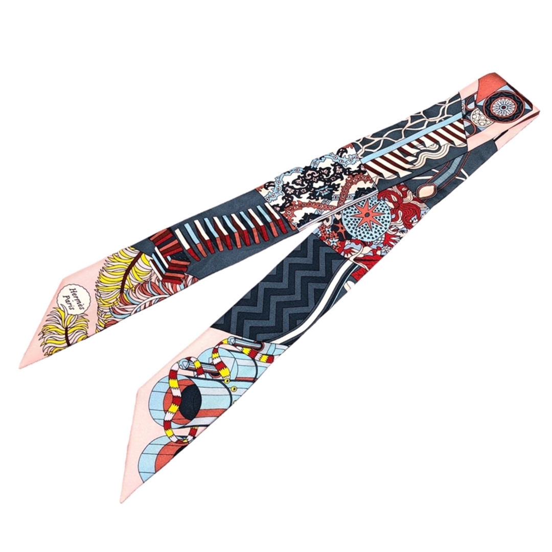 エルメス HERMES ツイリー 「OMBRELLF AUX DUE」（杖傘と決闘） ピンク×ブルー シルク100％ レディース スカーフ
