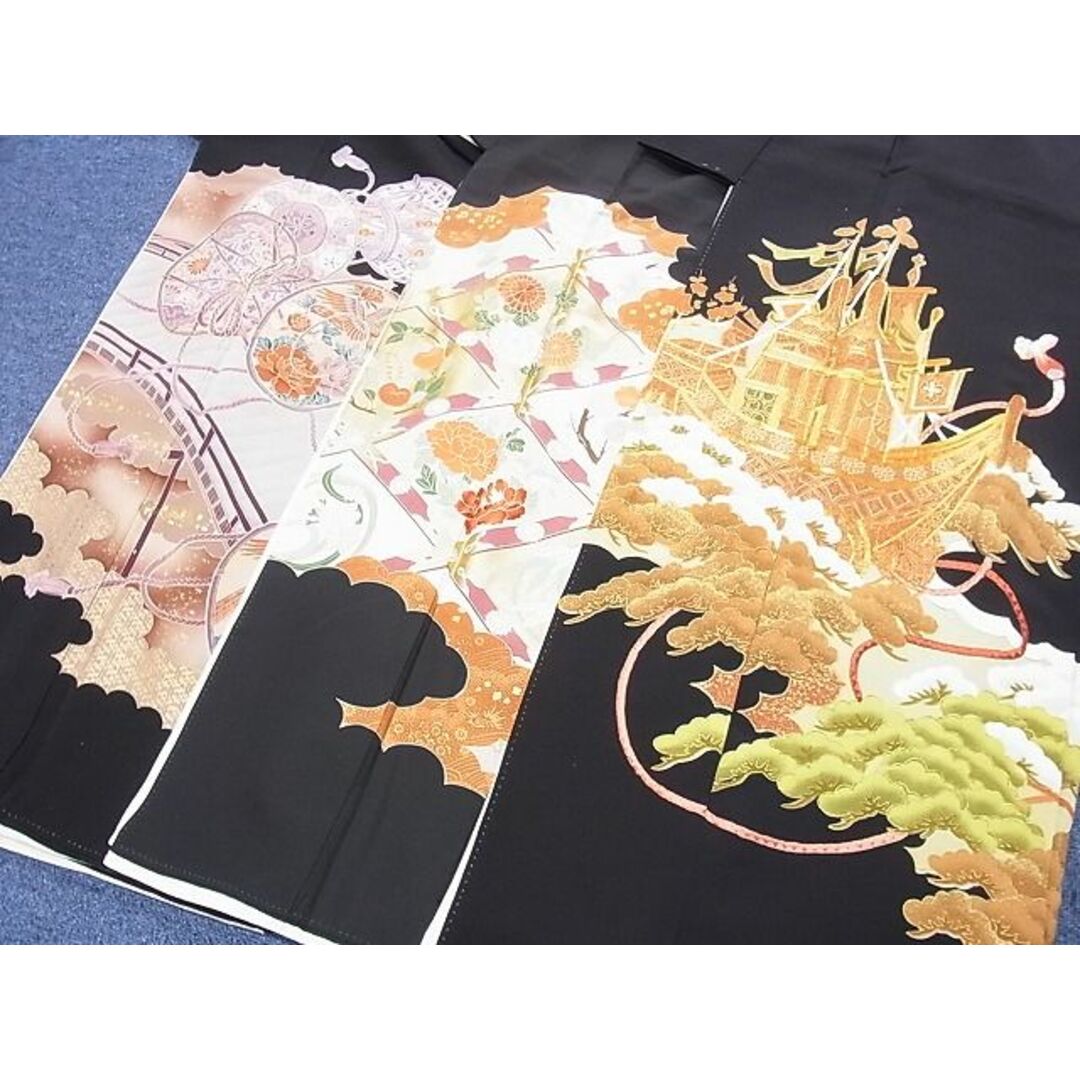 平和屋-こころ店黒留袖　三点セット　駒刺繍　刺繍　舟　花菱　花鳥鼓　金銀彩　全て正絹　B-dtk4629