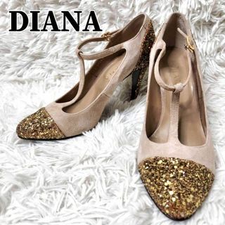 ダイアナ(DIANA)の【美品】DIANA Tストラップ　パンプス　スエード　ラメ　ベージュ　24.5㎝(ハイヒール/パンプス)