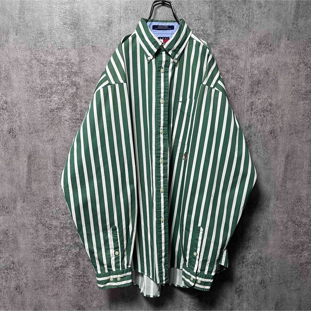 トミーヒルフィガー☆オールド刺繍ロゴボールドストライプシャツ 90s 緑白