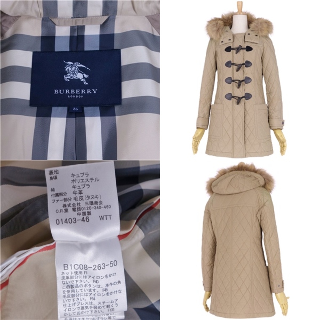 バーバリー ロンドン BURBERRY LONDON コート ダッフルコート キルティング 中綿入り ラクーンファー アウター レディース  36(S相当) ベージュ