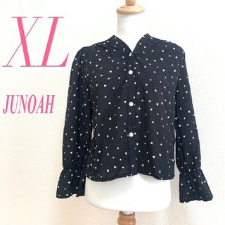 ジュノア(JUNOAH)のJUNOAH ジュノア　長袖シャツ　XL　黒　白　ハート　キャンディースリーブ(シャツ/ブラウス(長袖/七分))