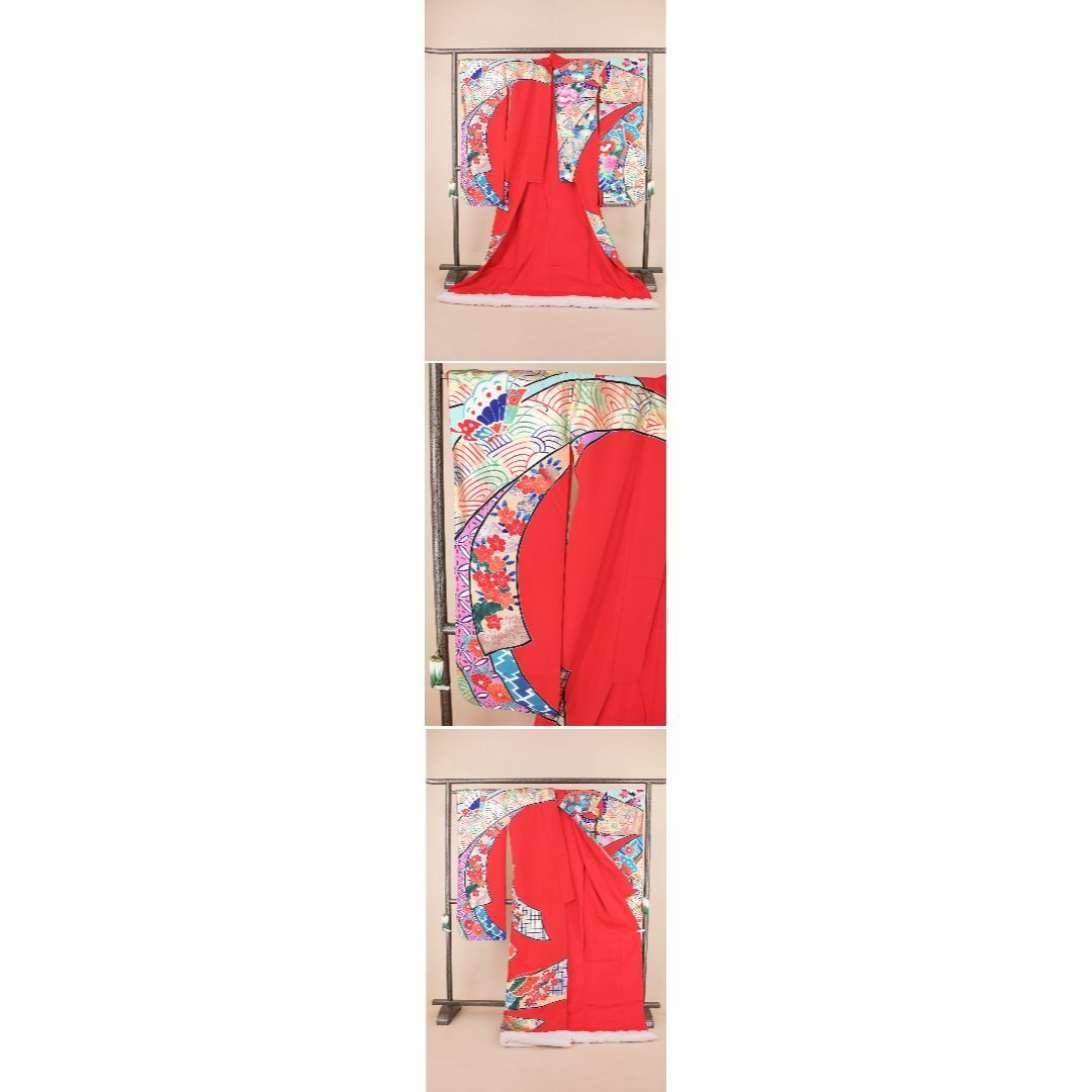 販売 クラレナの 朱赤 古典文様 花 熨斗 蝶々 正絹 色打掛