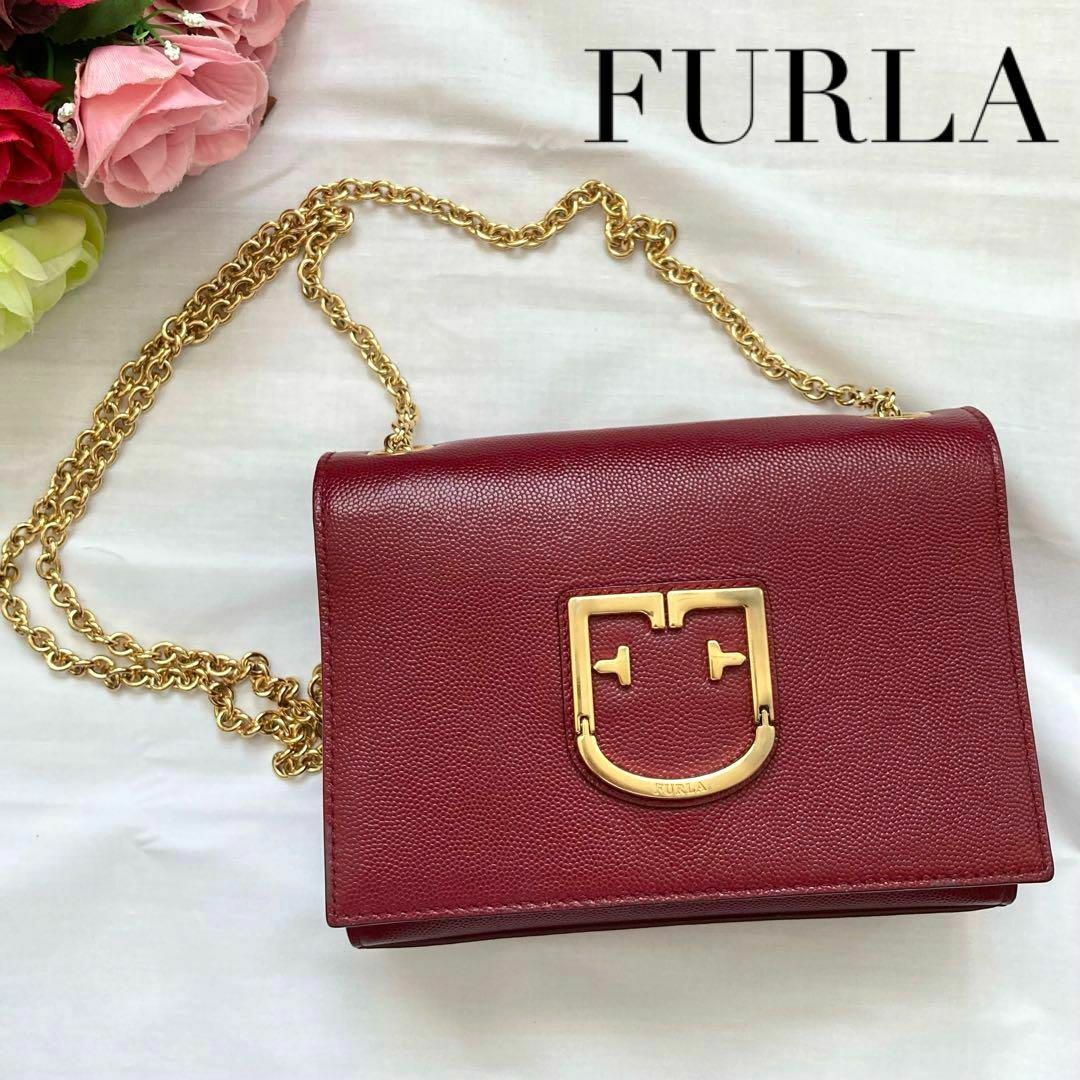 ✨極美品✨FURLA フルラ ショルダーバッグ　レザー　朱色　エンブレム