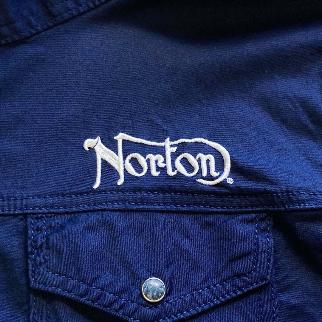 Norton ウエスタン シャツジャケット フード収納 硝子ボタン 刺繍 紺 L