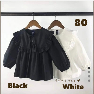 80サイズ 黒ブラック ルーズフリルシャツ 韓国子供服(シャツ/カットソー)