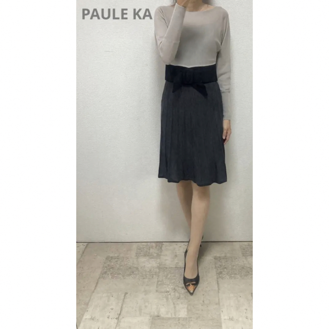 PAULE KA(ポールカ)のポールカ　ウールベルト付風ブロック配色裾プリーツニットワンピースS ベージュ系 レディースのワンピース(ひざ丈ワンピース)の商品写真