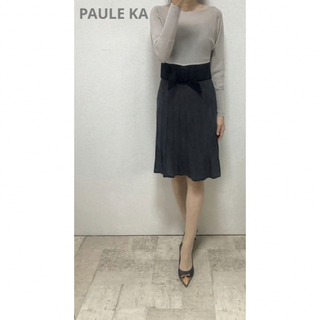 ポールカ(PAULE KA)のポールカ　ウールベルト付風ブロック配色裾プリーツニットワンピースS ベージュ系(ひざ丈ワンピース)