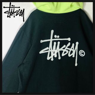 STUSSY ステューシー バイカラーパーカー ブラック 蛍光グリーン