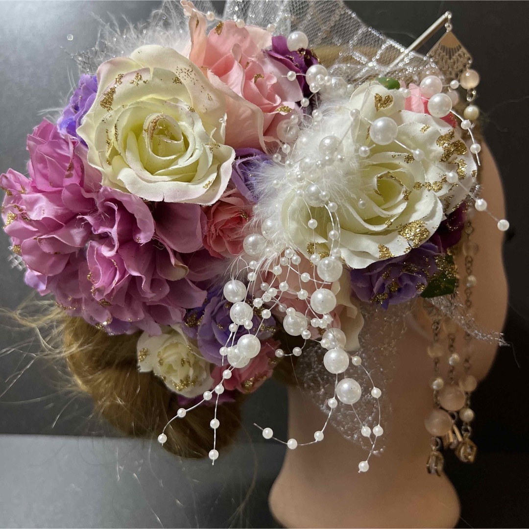 髪飾り・かんざし・成人式・結婚式・バラ・豪華・派手・ヘッドドレス・振袖・花魁 ハンドメイドのアクセサリー(ヘアアクセサリー)の商品写真