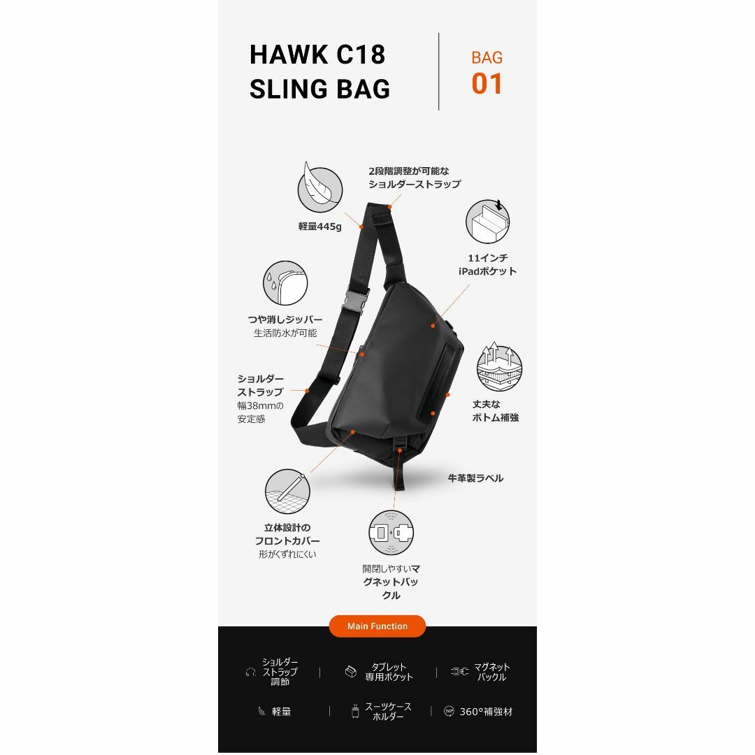 バッグMATHEMATIK Hawk C18スリングバッグ ブラック ウエストポーチ