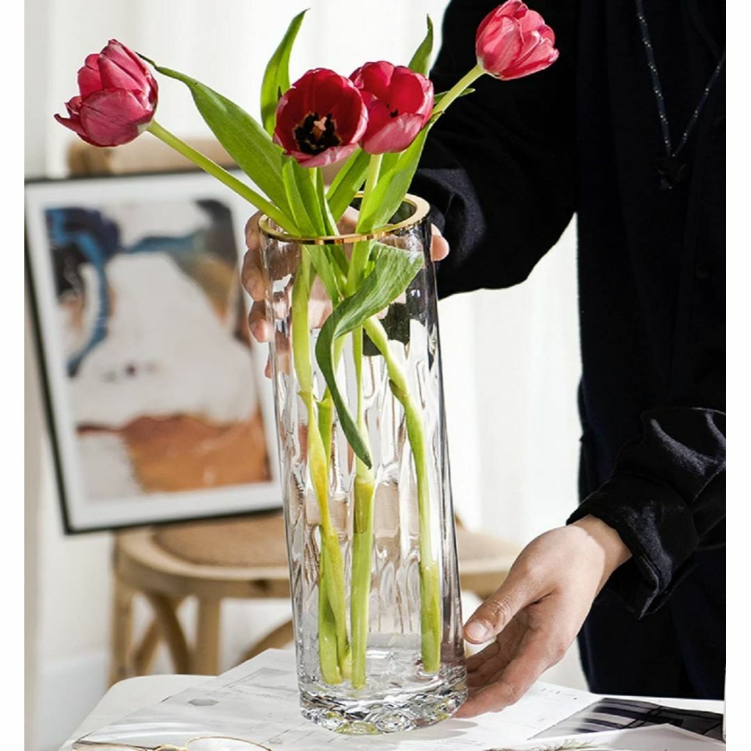 【色: クリア-大+金縁（高さ:30cm）】ガラスの花瓶 大きな花瓶 30cm