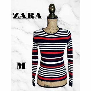 ザラ(ZARA)の【ZARA】ボーダーリブニット　クルーネック　薄手　春秋　袖スリット　赤黒系　M(ニット/セーター)