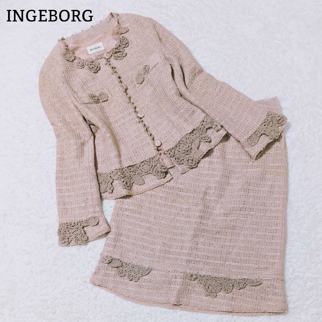 美品 インゲボルグ ツィード スカートスーツ ノーカラー 花柄 L ピンク