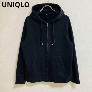 ユニクロ(UNIQLO)のst13 ユニクロUNIQLO レディースXL フードパーカー ジップ 黒 無地(パーカー)