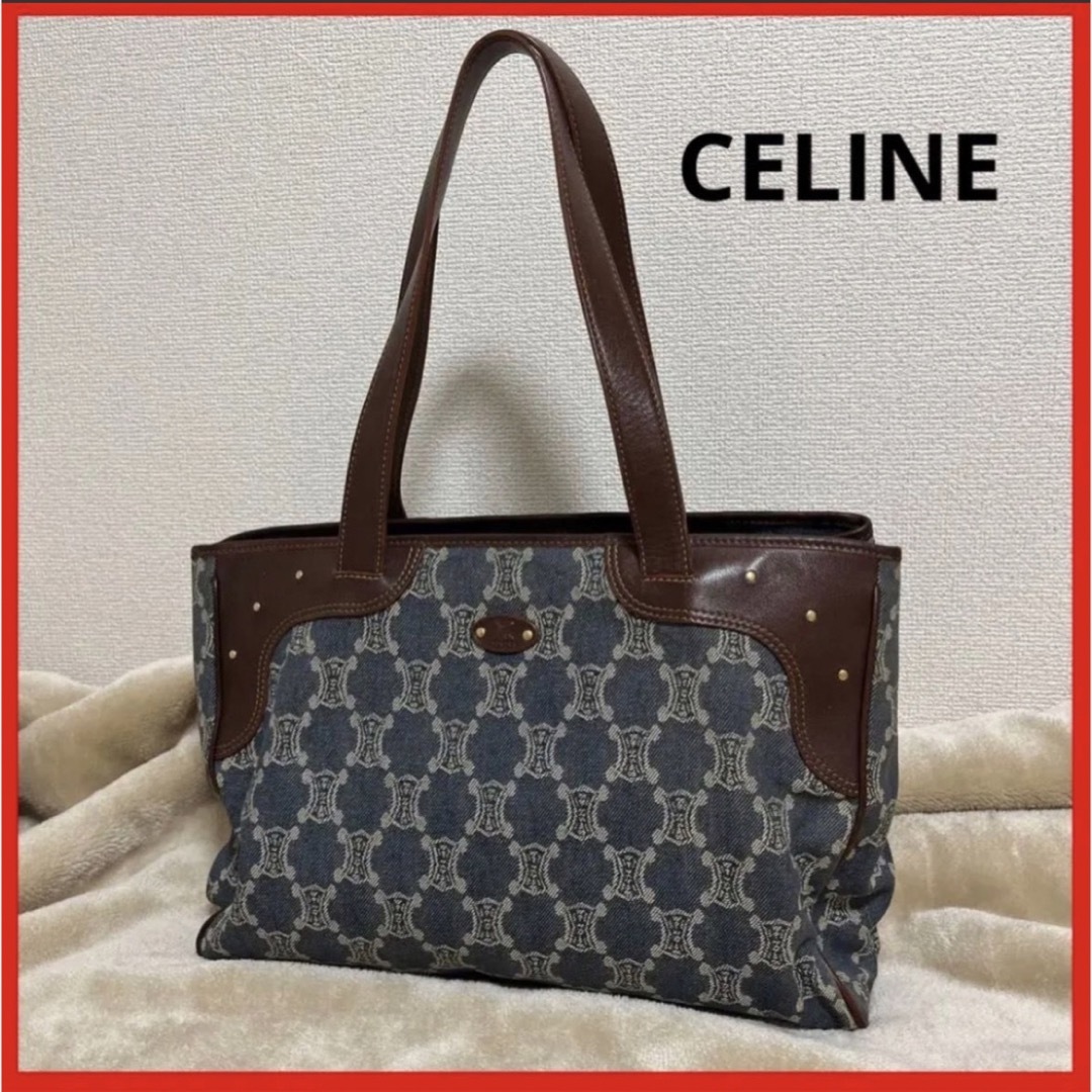 トートバッグ希少モデル】CELINE  ハンドバッグ トリオンフ マカダム柄 レザー デニム