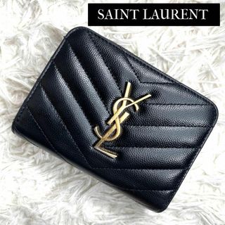 美品 サンローラン 二つ折財布 カサンドラ YSL キャビアスキン ブラック