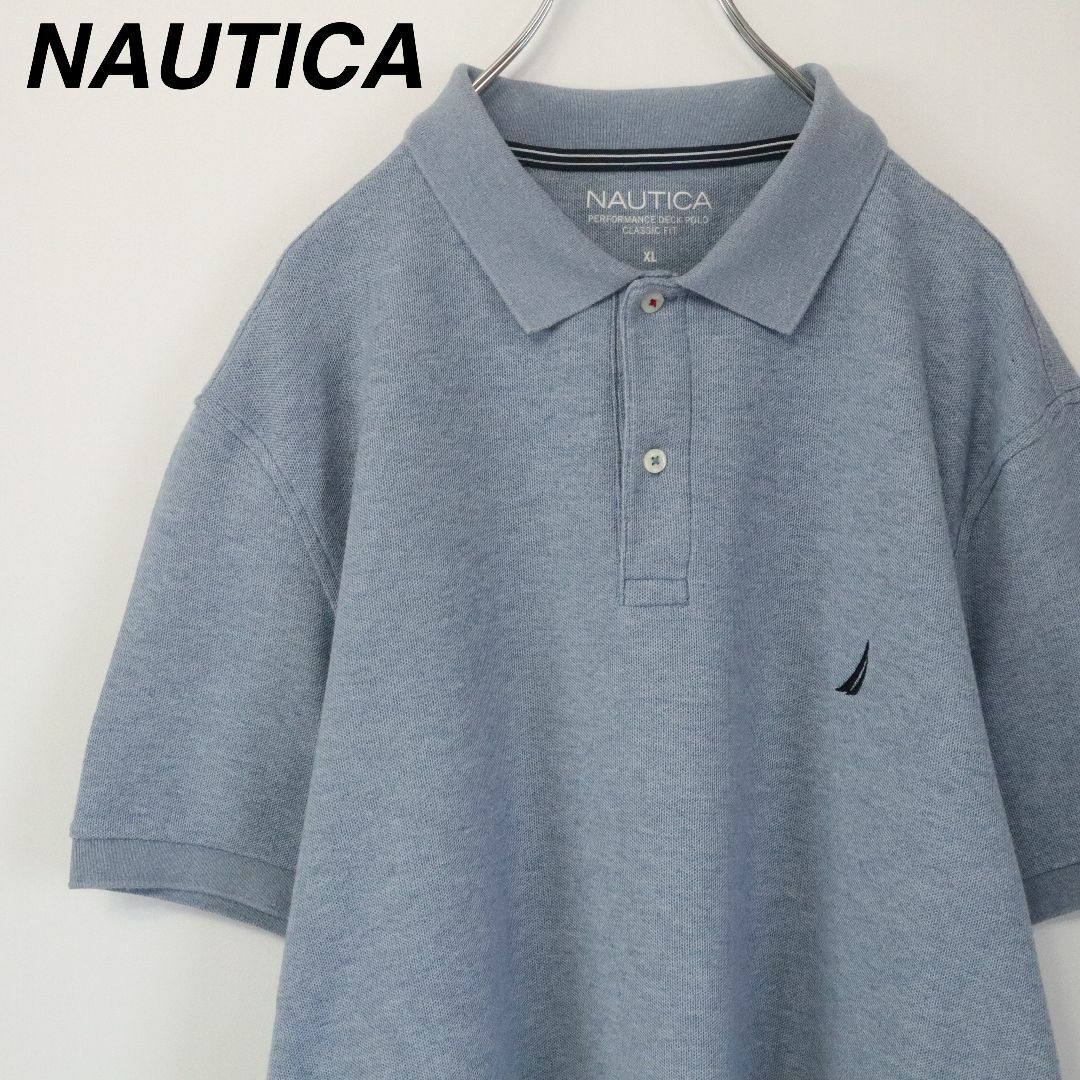 NAUTICA(ノーティカ)の【XLサイズ】ノーティカ／ポロシャツ　半袖　刺繍ロゴ　ビッグサイズ　水色　古着 メンズのトップス(ポロシャツ)の商品写真