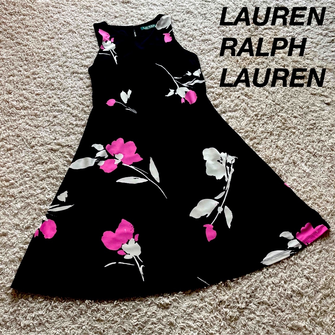 Ralph Lauren(ラルフローレン)の【極美品】ローレンラルフローレン　ワンピース　花柄　ノースリーブ　ブラック　XS レディースのワンピース(ひざ丈ワンピース)の商品写真