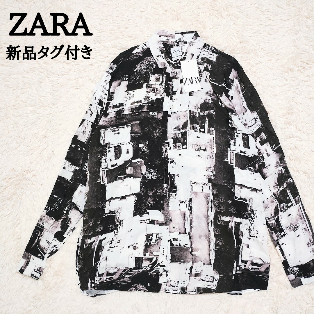 新品　ZARA　総柄　アートプリント　レーヨンシャツ　航空写真プリント　XL