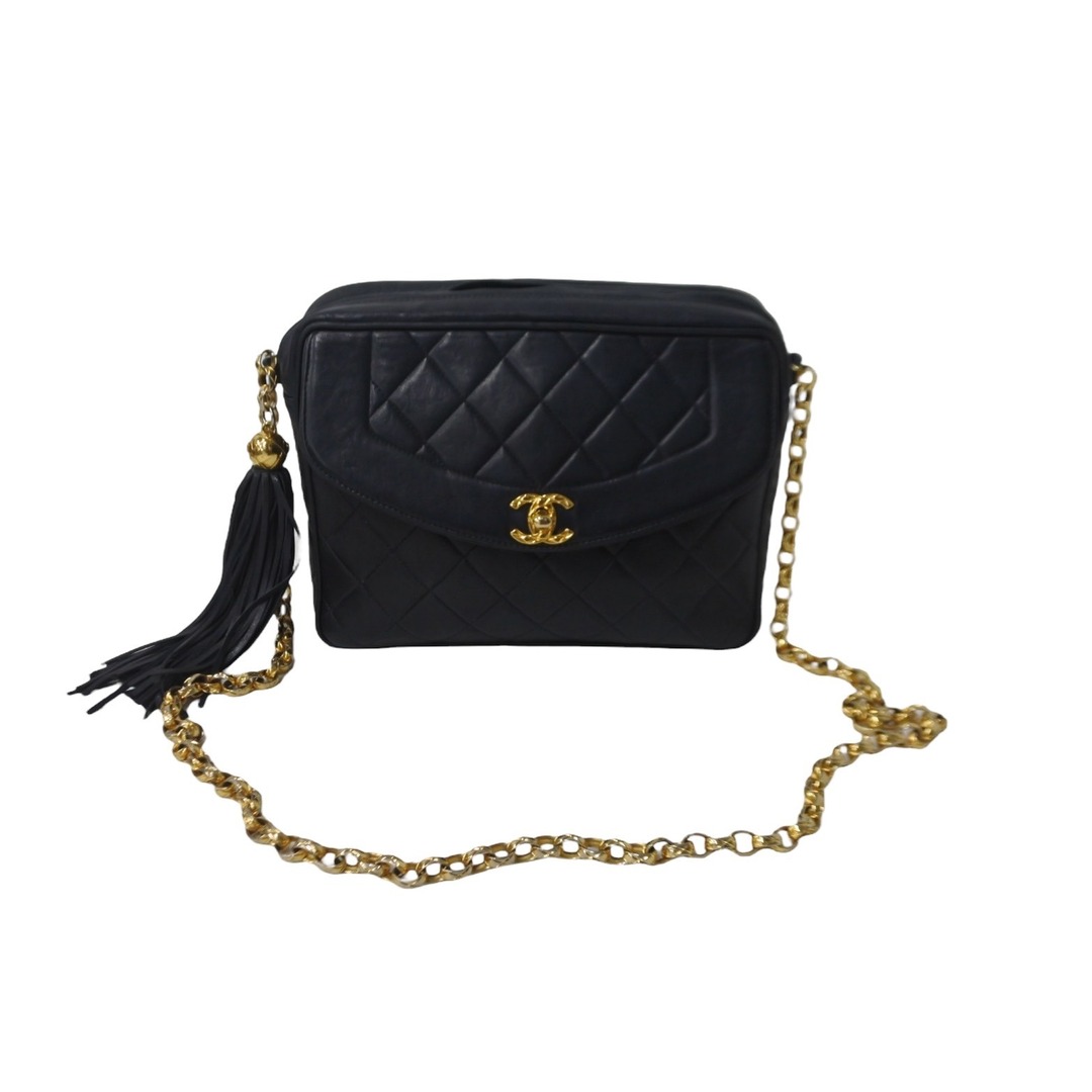 CHANEL シャネル ショルダーバッグ マトラッセ ビジュー チェーンショルダー 紺 フリンジ ラムスキン 美品  55768レディース