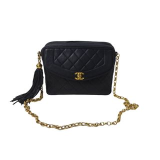 シャネル(CHANEL)のCHANEL シャネル ショルダーバッグ マトラッセ ビジュー チェーンショルダー 紺 フリンジ ラムスキン 美品 中古 55768(ハンドバッグ)