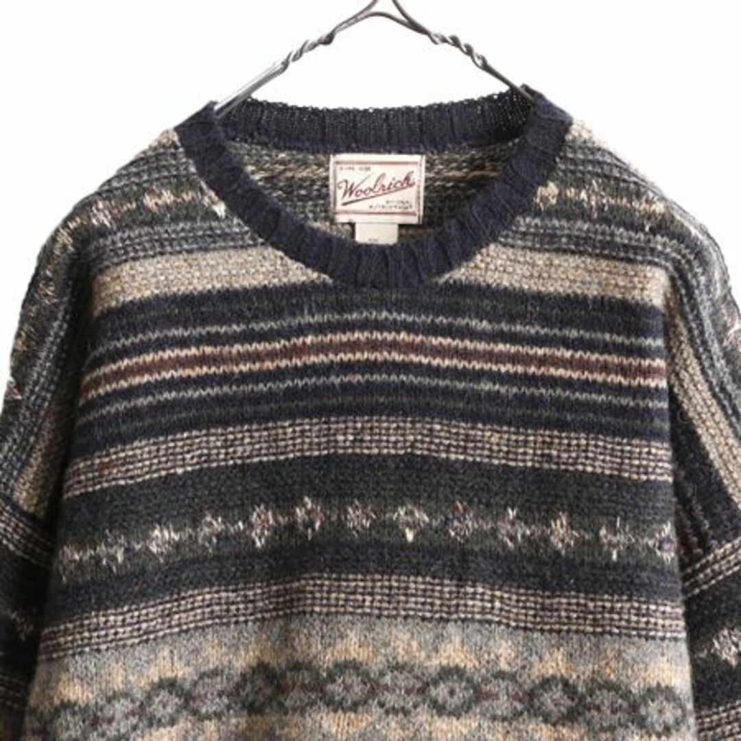 90年代 USA製 WOOLRICH ウールリッチ クルーネック ニット セーター ローゲージ 総柄 フェアアイル ブラウン系 (メンズ L)   O5305