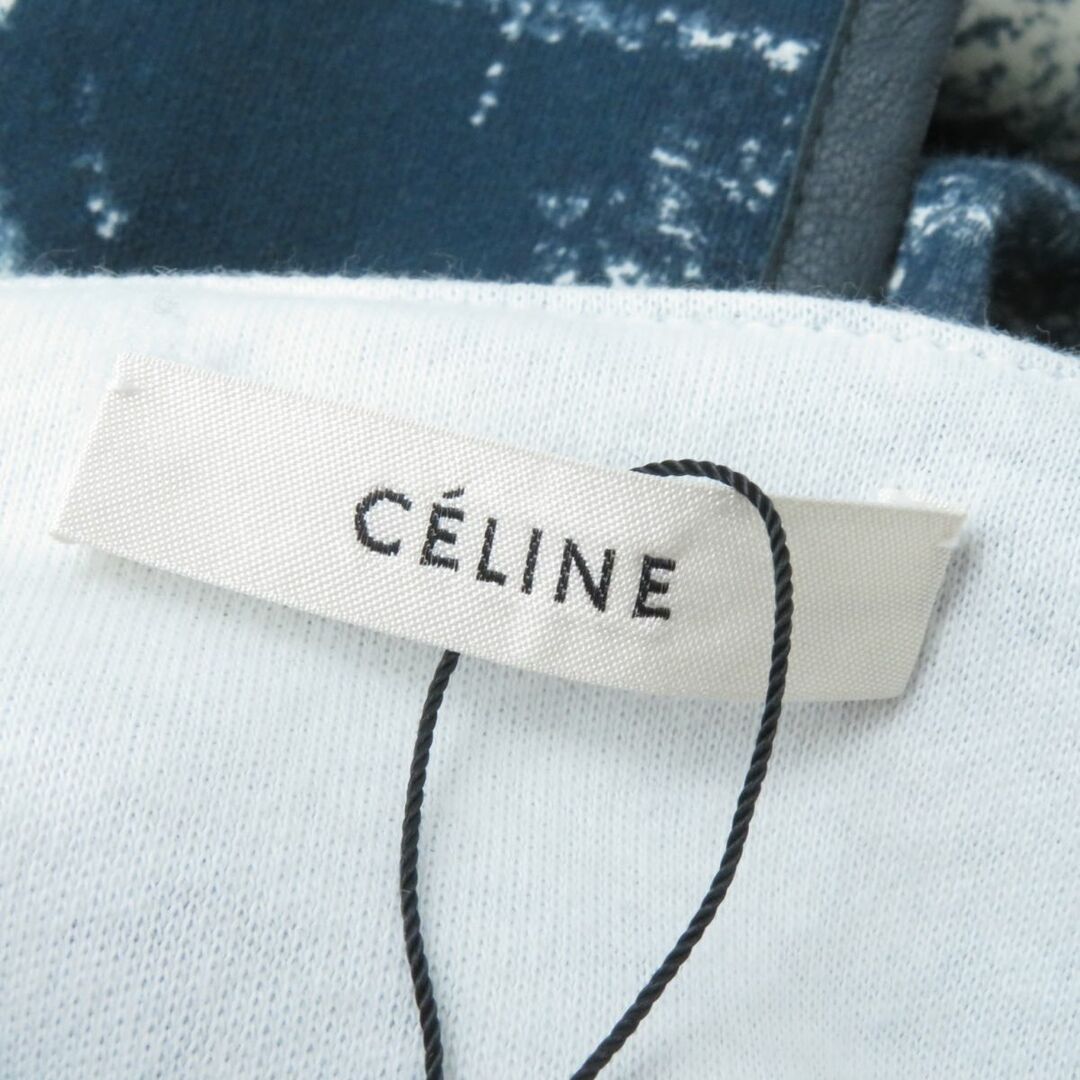 未使用★正規品 CELINE セリーヌ 23FN0382 ラムレザー トリム アブストラクトプリント 半袖 デザインカットソー 紺×白 総柄 XS フランス製