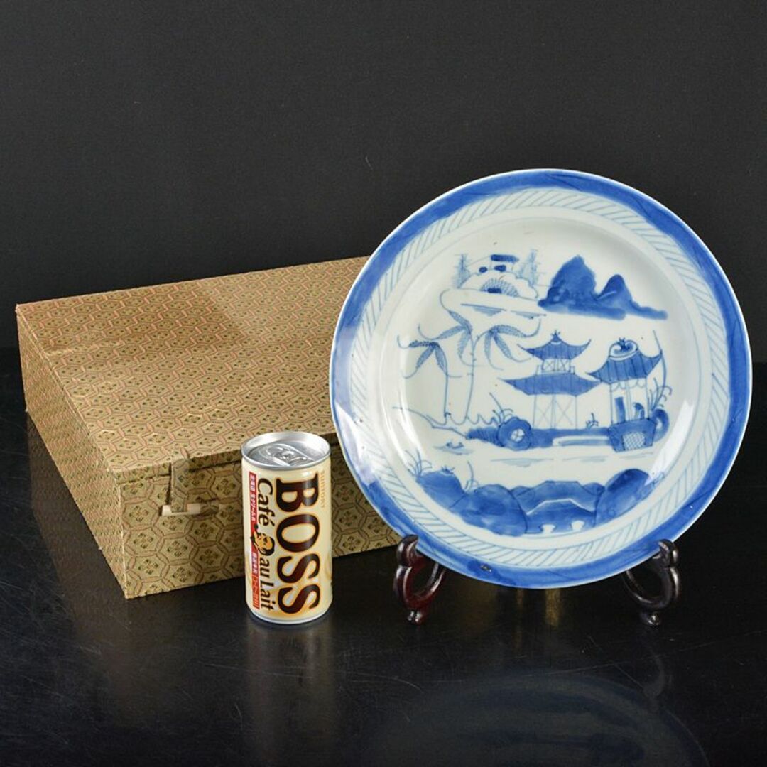 中国　青花　山水文盤　皿　直径約24.5cm　皿立付　V　R6420B
